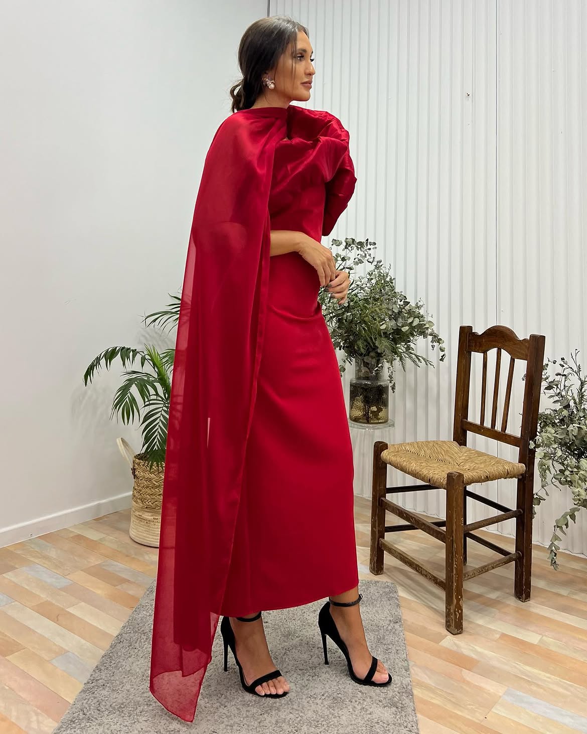 Dramatic Red Cape Dress With Strappy Heels