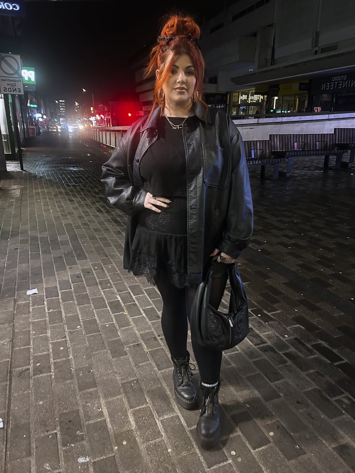 Edgy Black Lace Mini Skirt and Leather Jacket Look