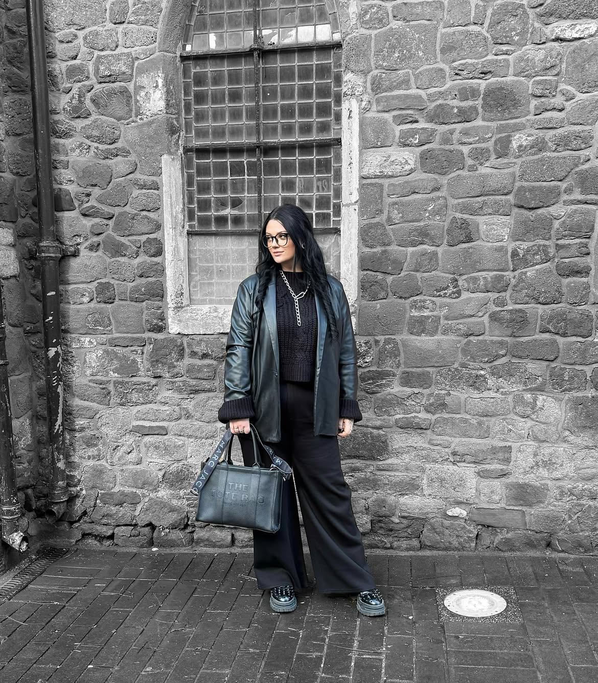 Edgy Black Leather Blazer and Wide-Leg Pants Outfit