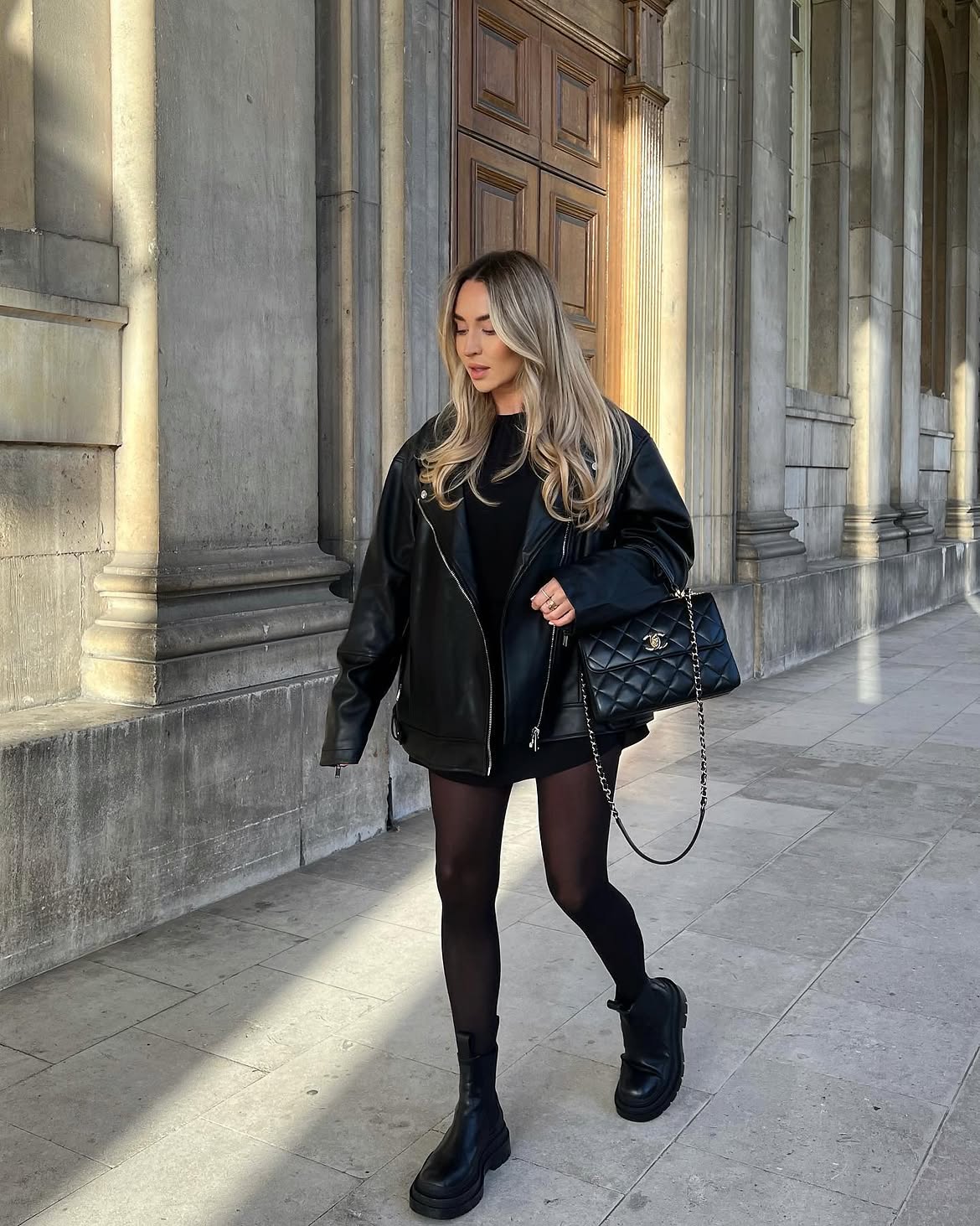 Edgy Black Moto Jacket And Mini Dress Outfit