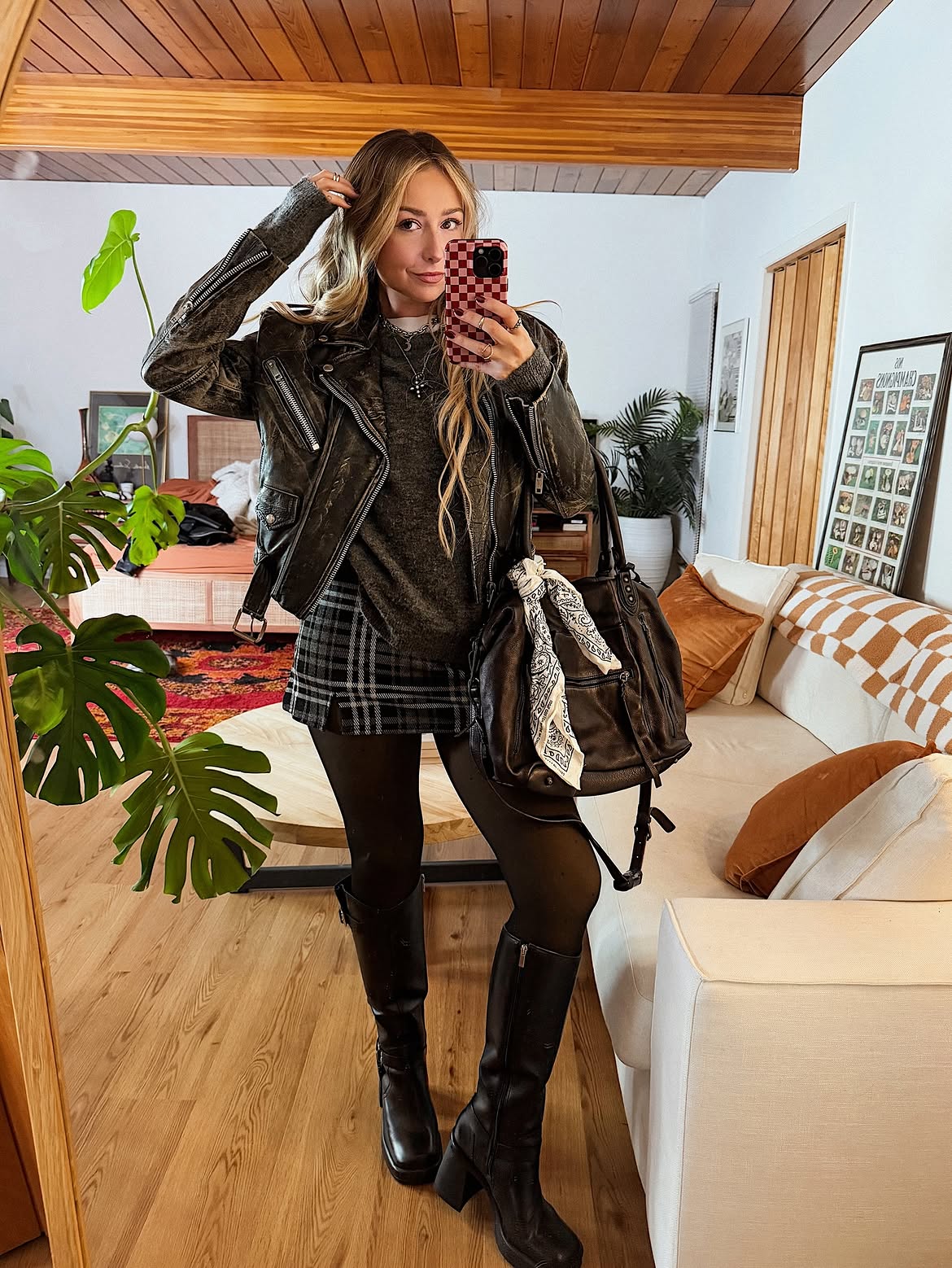Edgy Moto Jacket Plaid Mini Skirt Winter Outfit