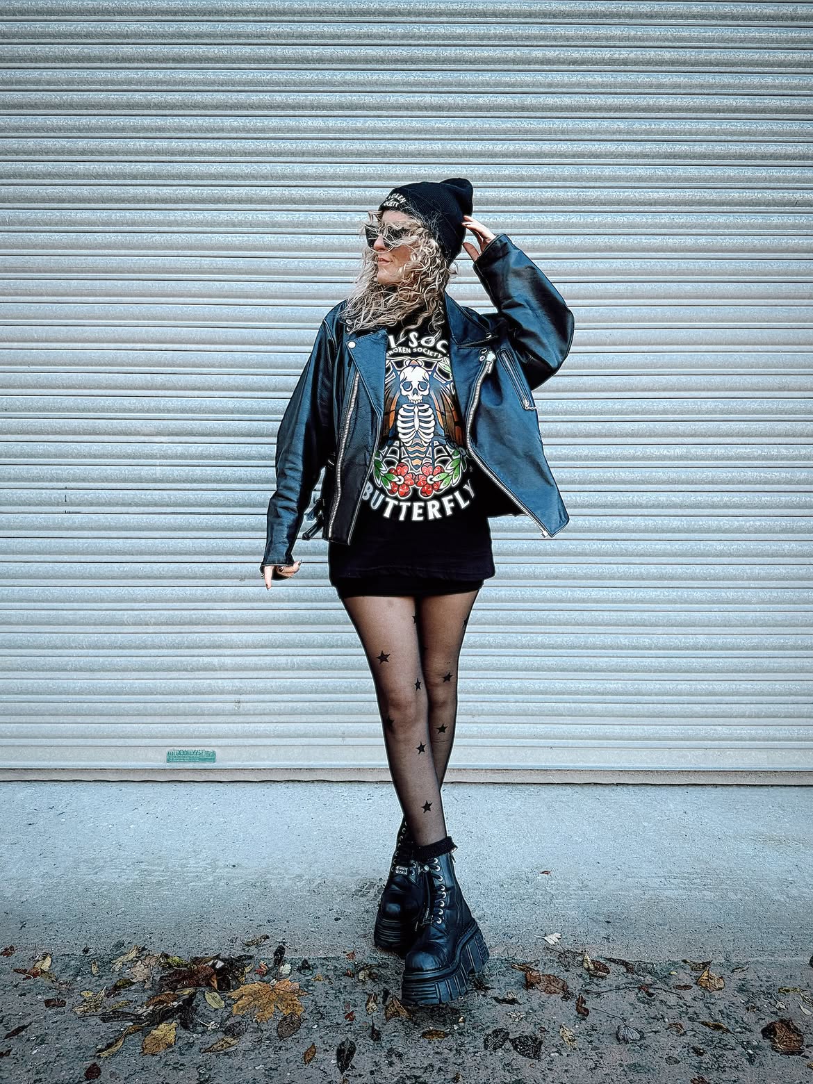 Edgy Moto Jacket With Graphic Tee And Star Tights