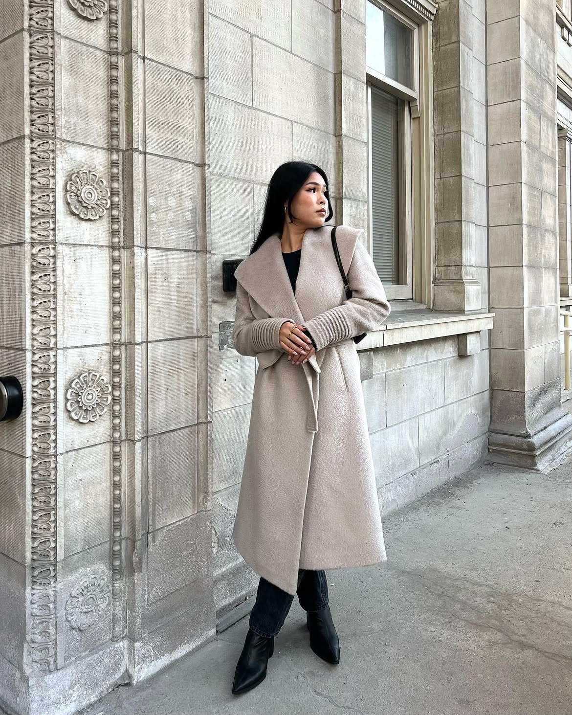 Elegant Beige Wrap Coat With Black Boots