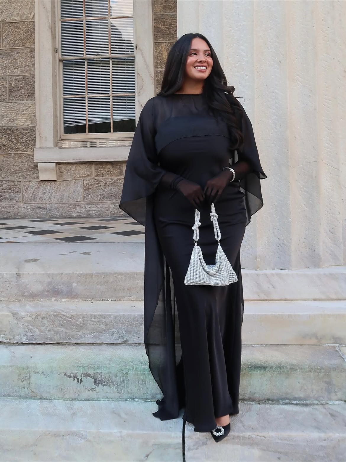 Elegant Black Cape Dress With Sparkly Accents