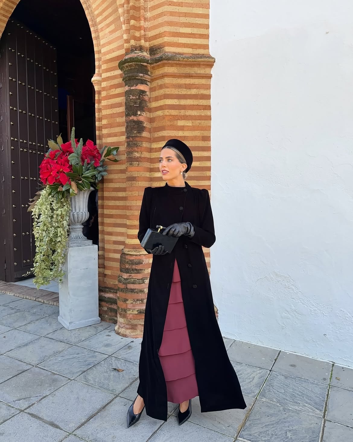 Elegant Black Coat Over Tiered Midi Dress