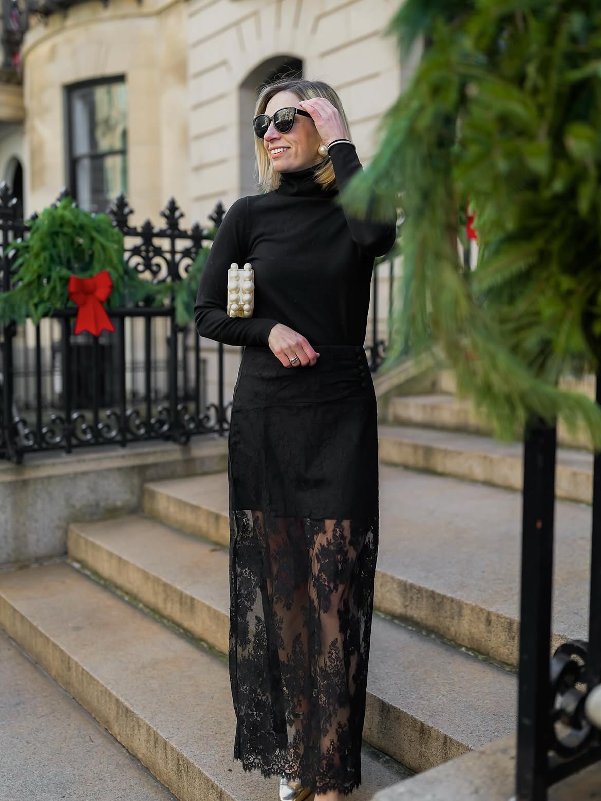 Elegant Black Lace Maxi Skirt And Turtleneck
