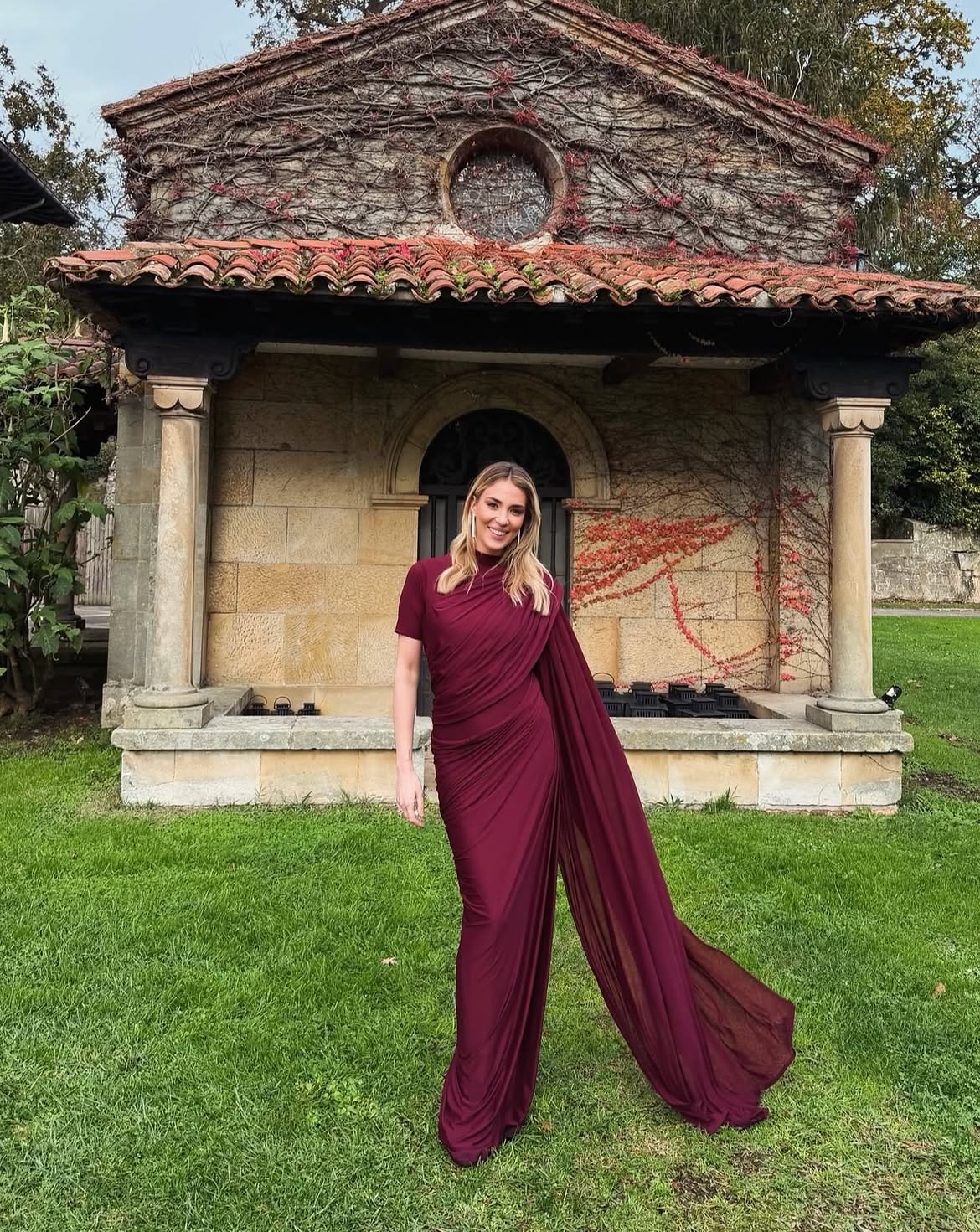 Elegant Burgundy Draped Gown For Winter Weddings