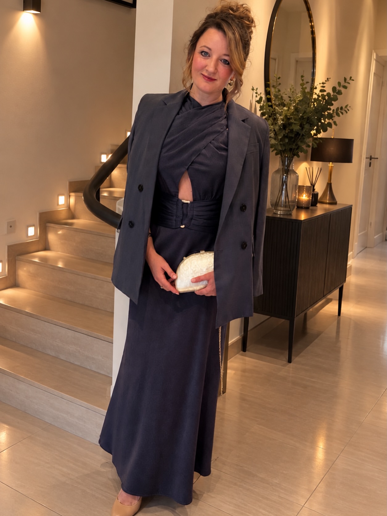 Elegant Navy Dress with Structured Blazer