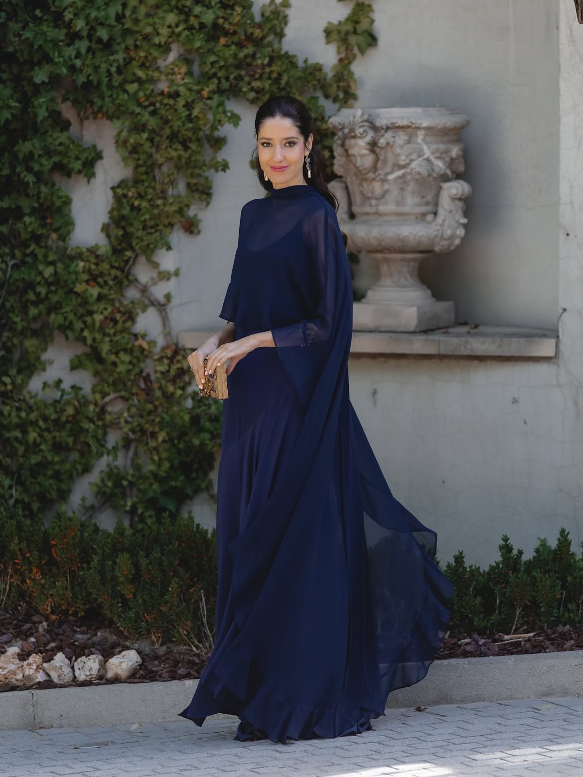 Elegant Navy Flowy Dress For A Formal Event