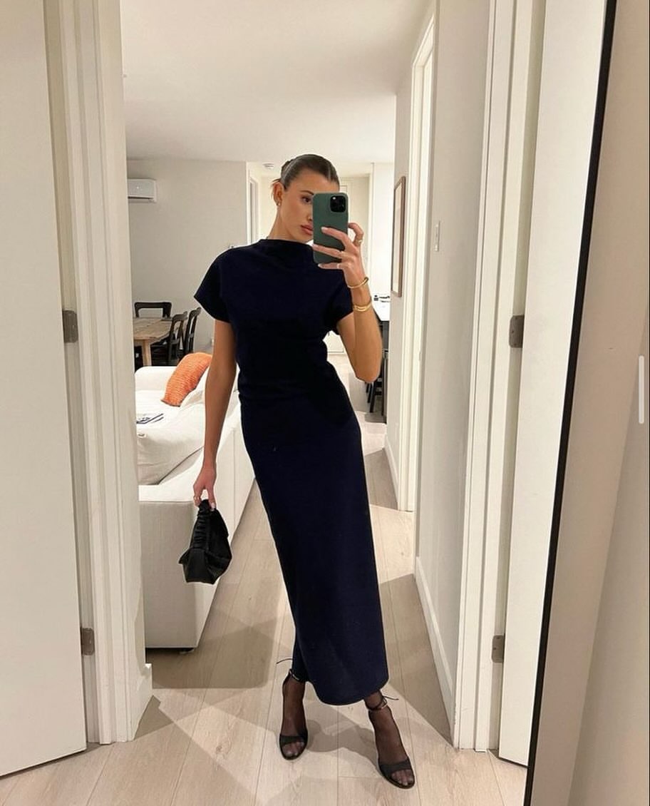Elegant Navy Maxi Dress With Mesh Heels