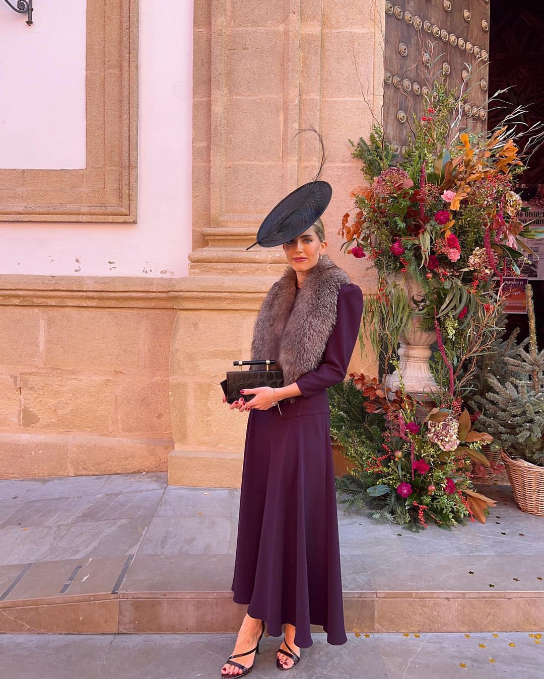 Elegant Plum Midi Dress and Faux Fur Winter Wedding Look