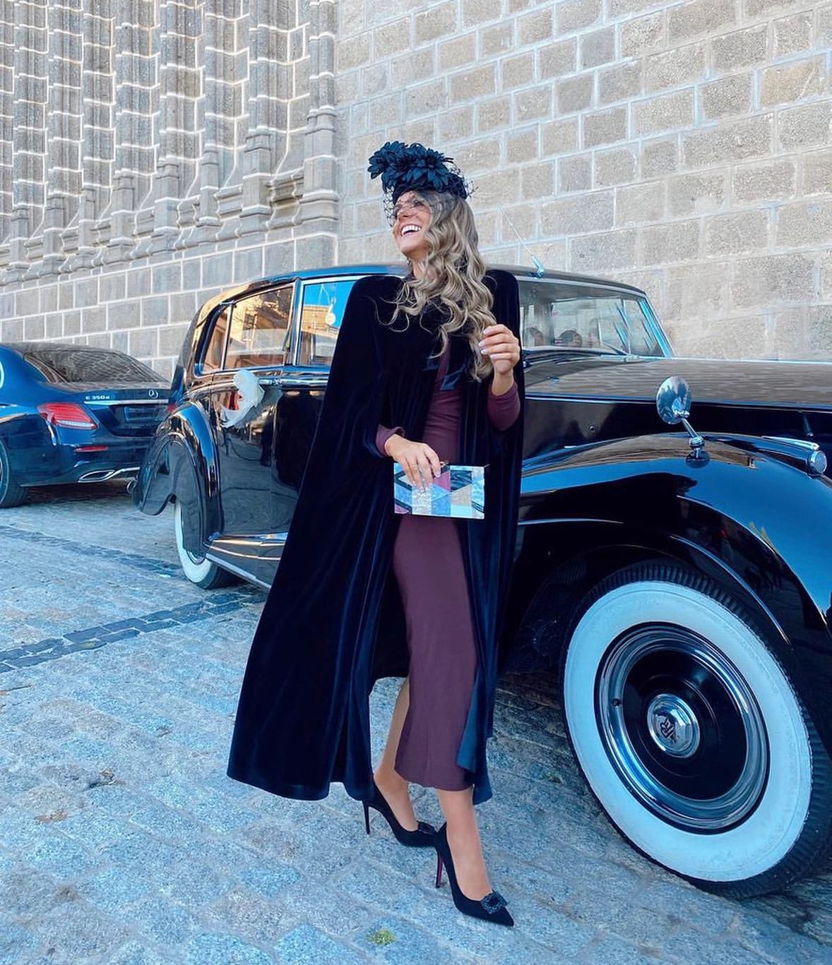 Elegant Velvet Cape Over Midi Dress
