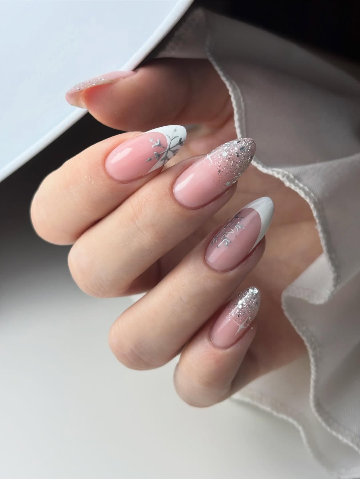 Elegant Winter Snowflake French Manicure