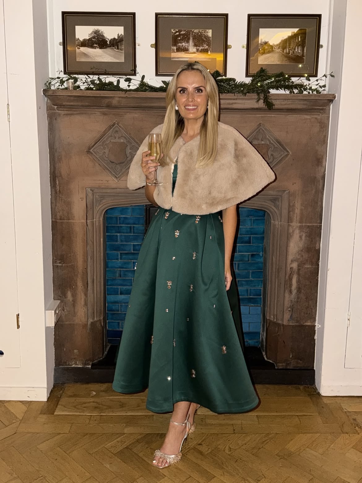 Emerald Embellished Midi Dress With Faux Fur Capelet