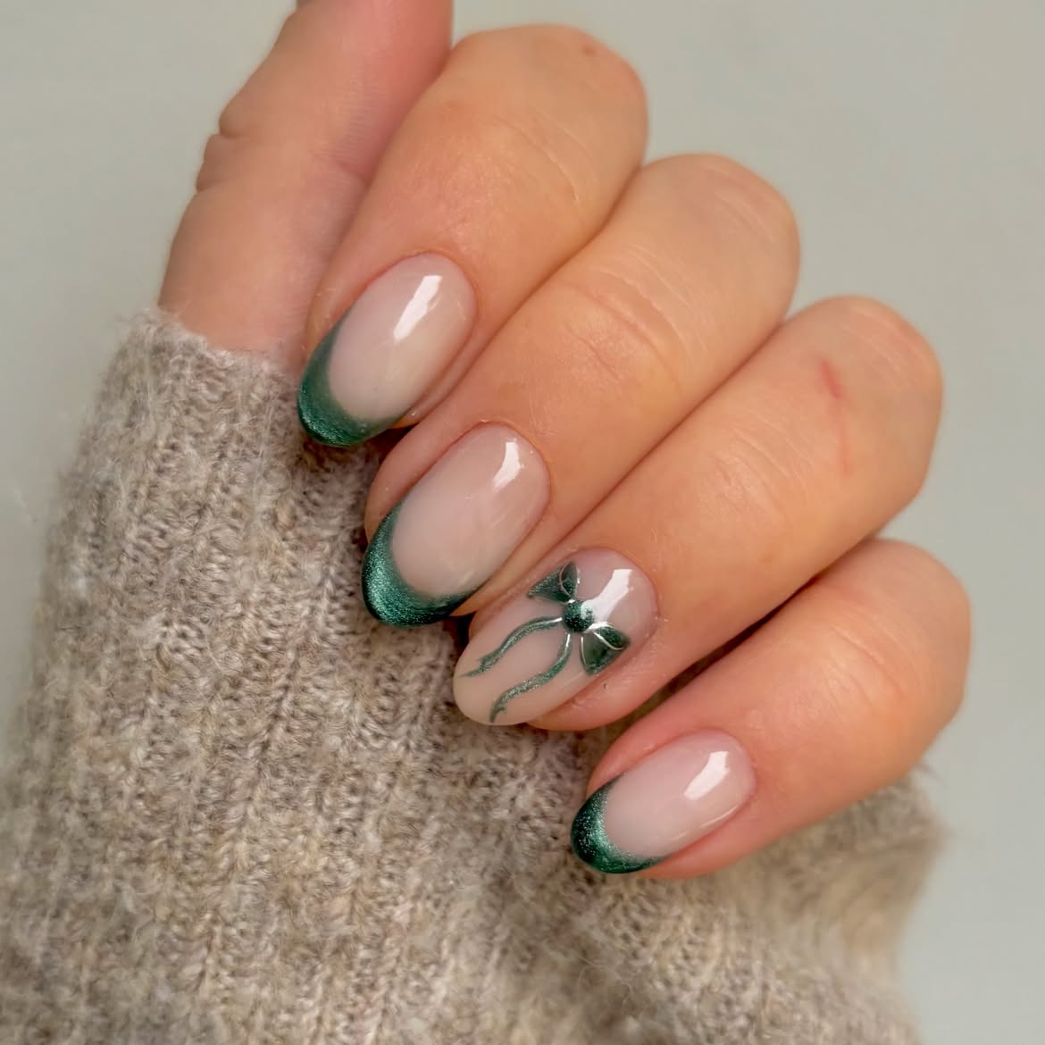 Emerald Green French Bow Detail Oval Nails