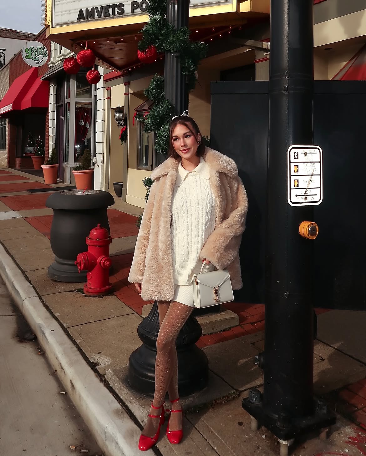 Faux Fur Coat Over Cable Knit Mini Dress Look