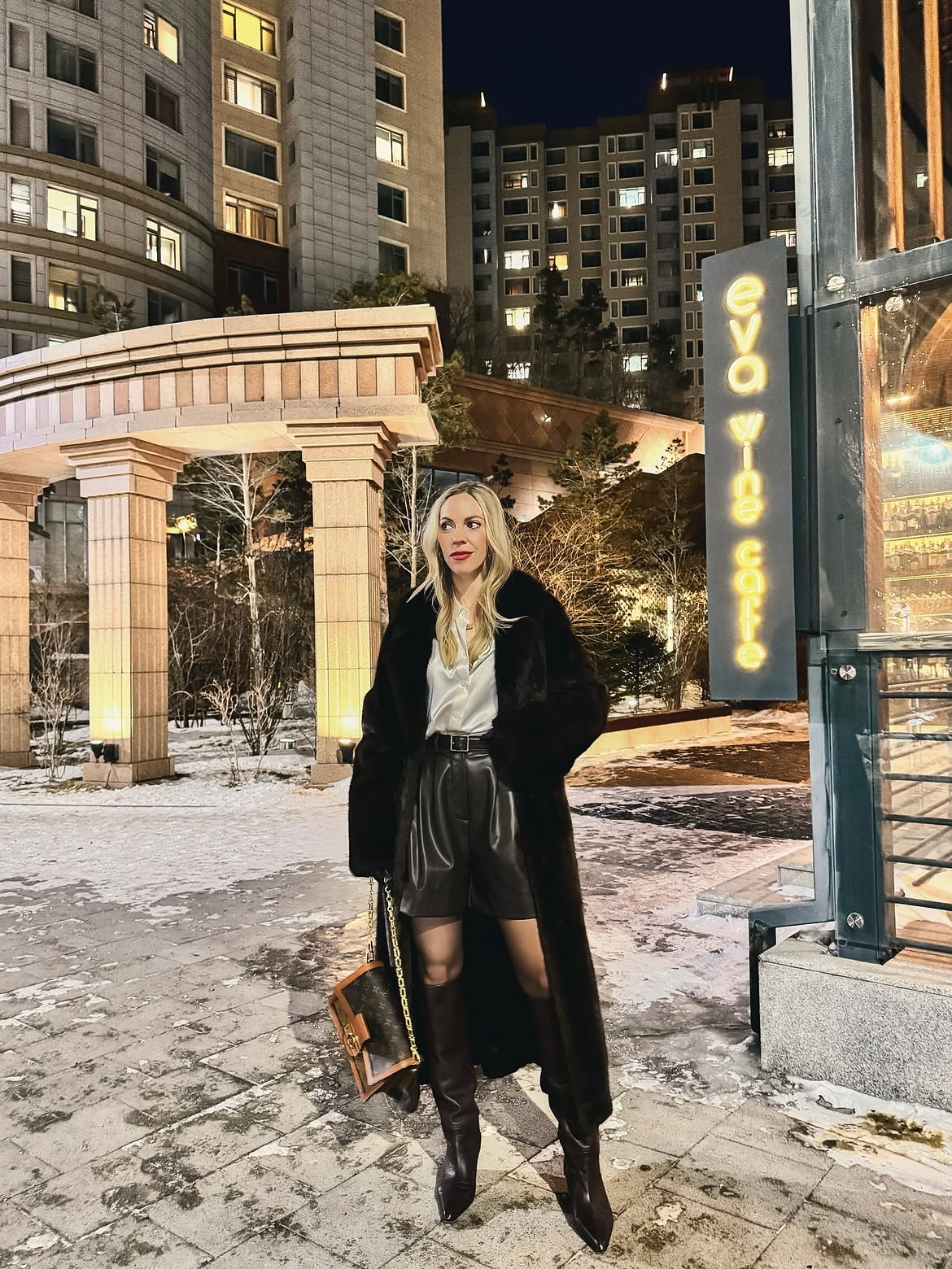 Faux Fur Coat With Leather Shorts And Boots