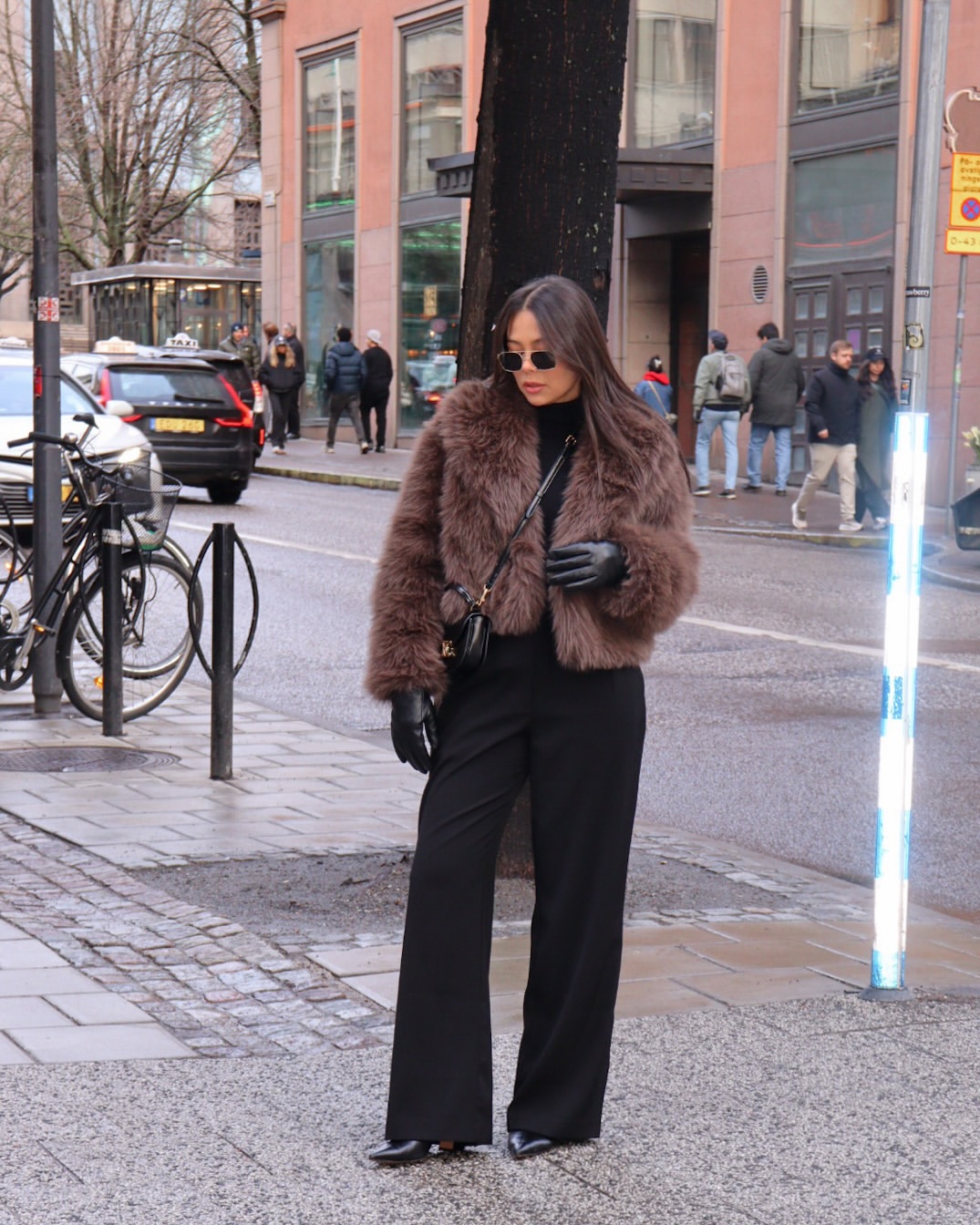 Faux Fur Coat With Wide Leg Trousers and Gloves