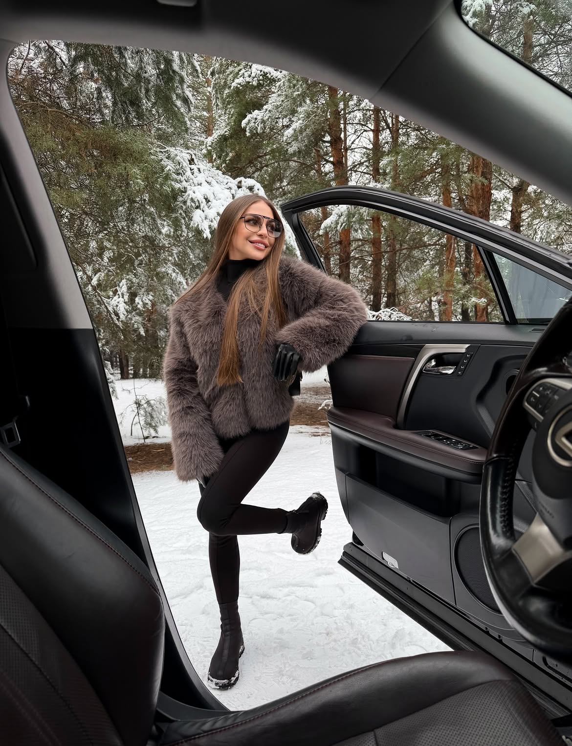 Faux Fur Jacket And Sleek Black Trousers Winter Look