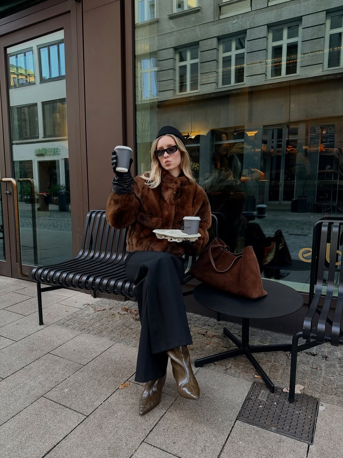 Faux Fur Jacket With Wide Leg Trousers And Boots