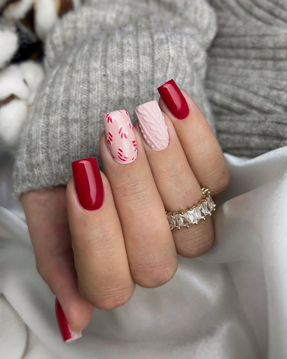 Festive Red And Pink Sweater Nail Art
