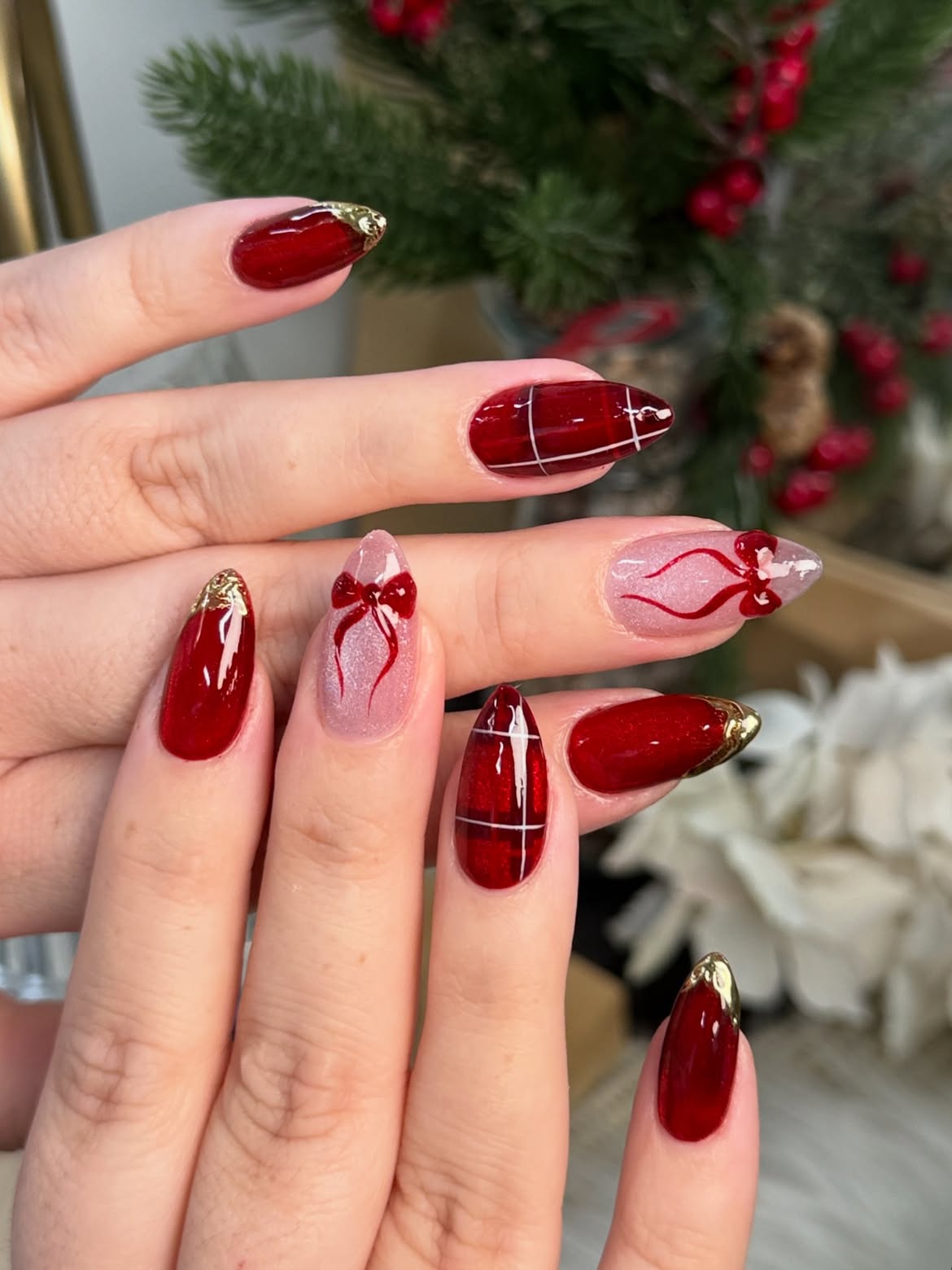 Festive Red Plaid And Gold Chrome Almond Nails