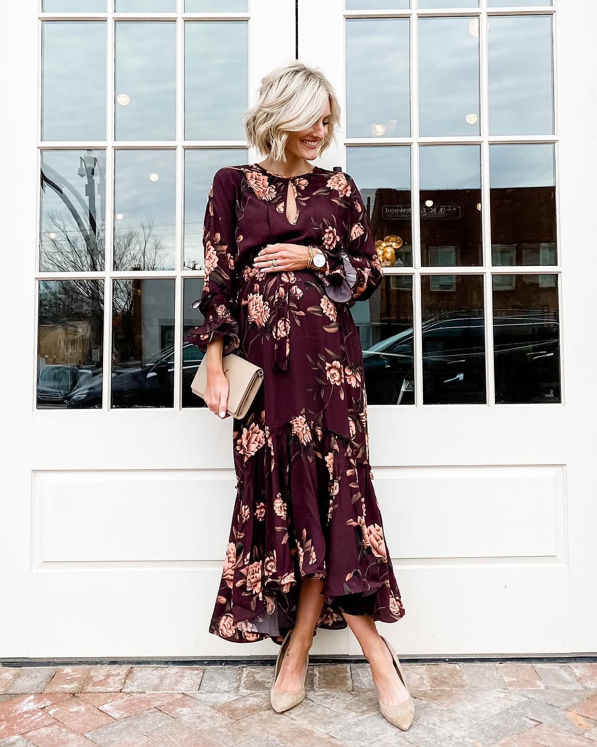 Floral Print Midi Dress With Suede Pumps