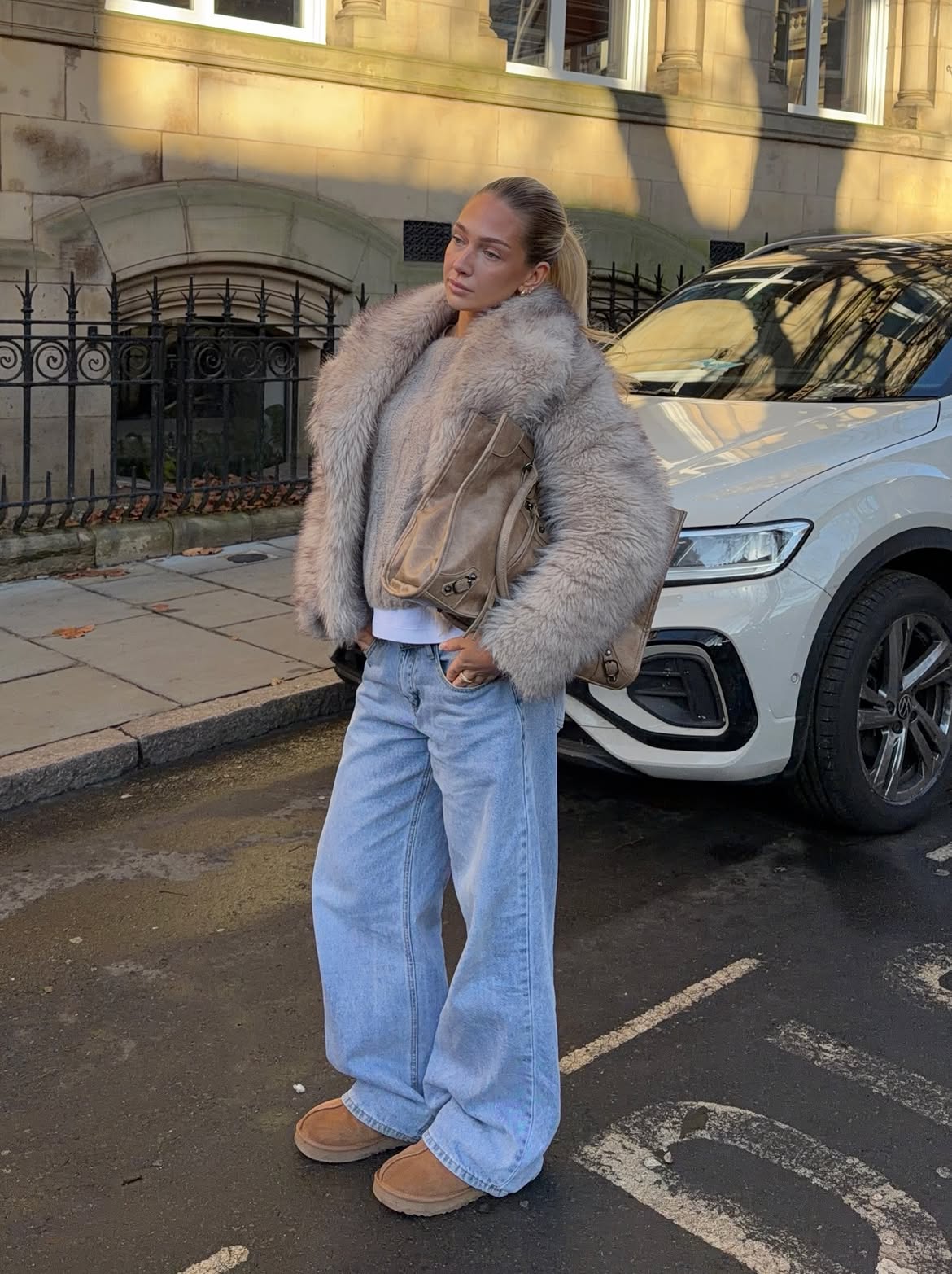 Fluffy Faux Fur Jacket And Wide Leg Denim Casual