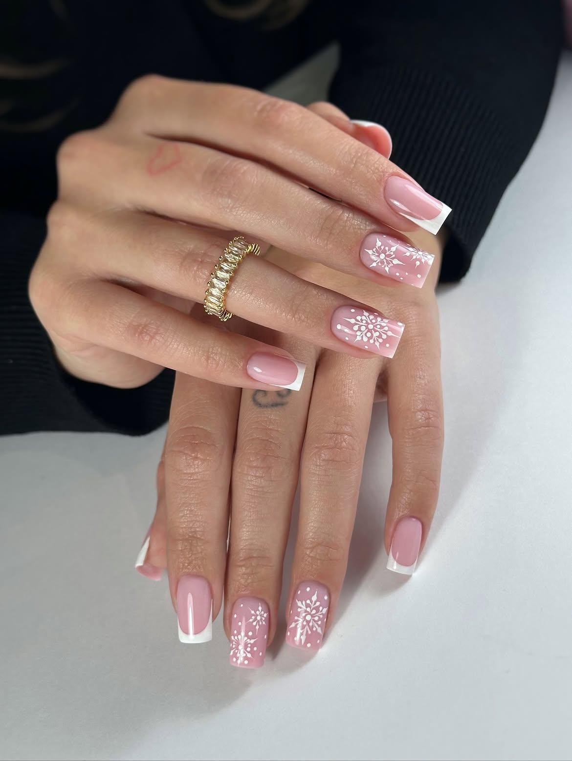 French Tip Snowflakes with Pink Milky Base