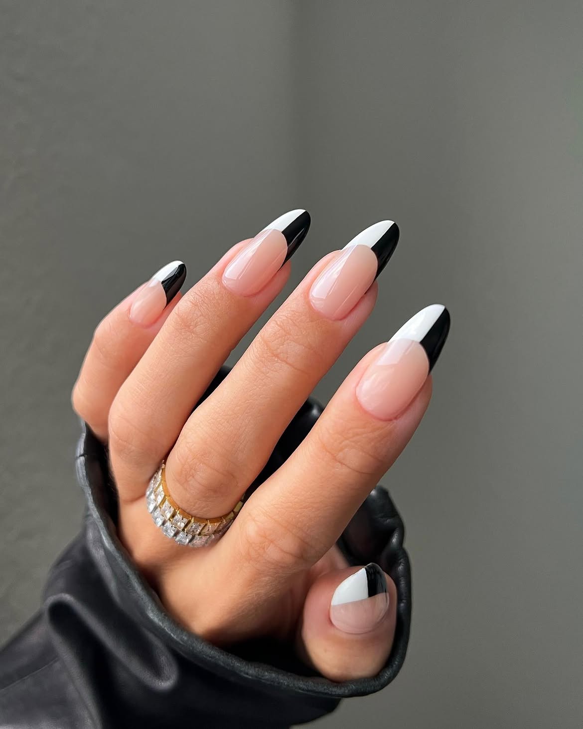 Geometric Black and White French Almond Nails