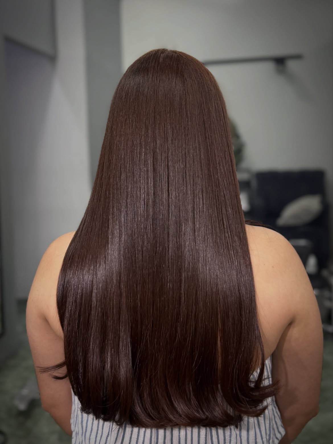 Glass Hair Finish On Long Chocolate Brown Strands