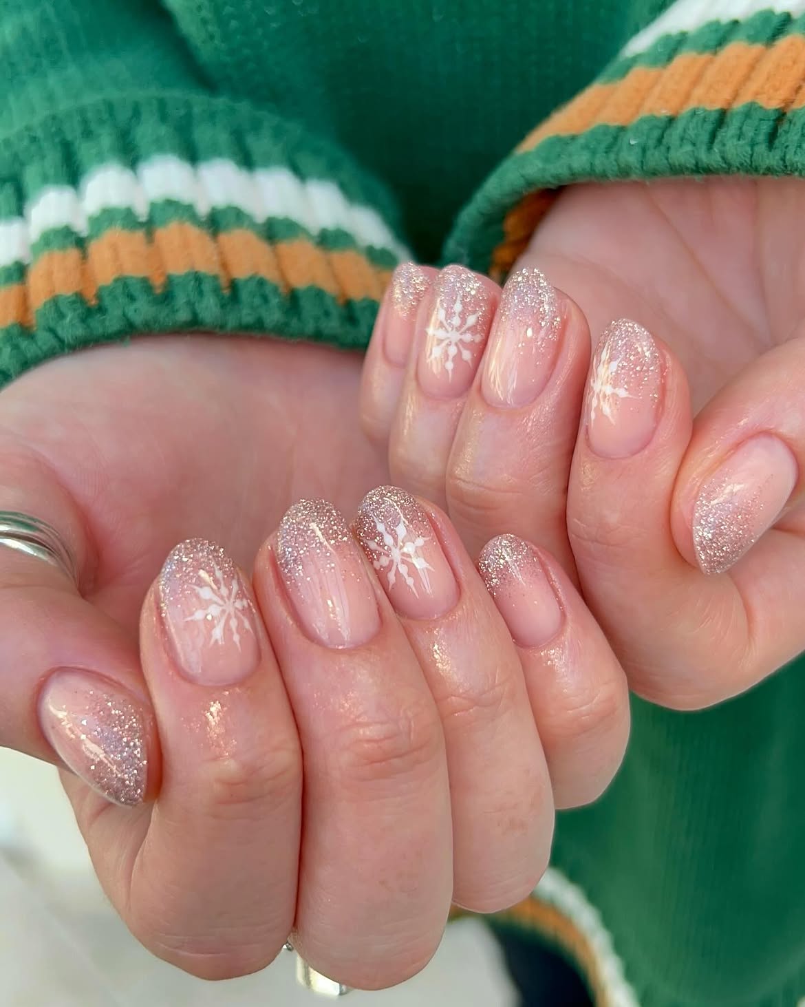 Glitter Ombre Snowflake Almond Nails