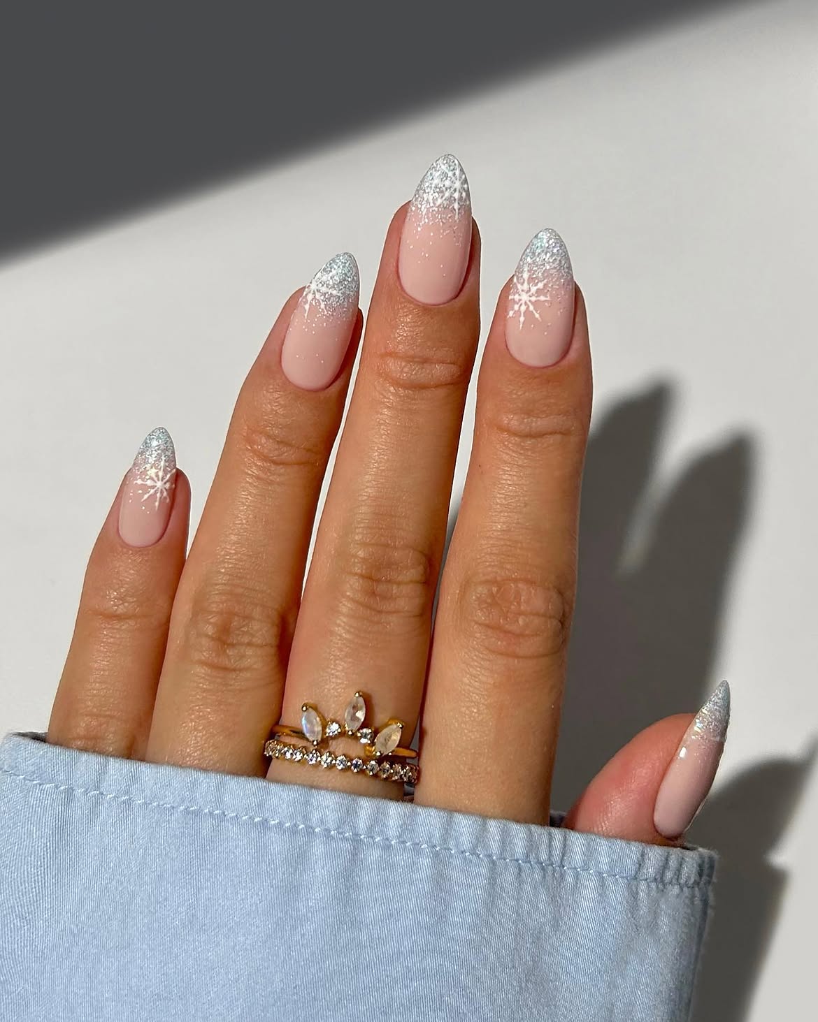 Glitter Snowflake Ombre Almond Winter Nails