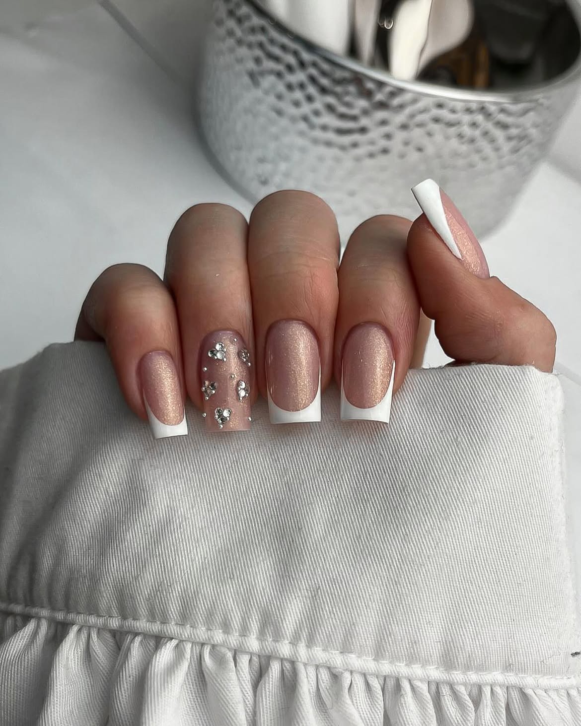 Glitz French Tip and Crystal Accent Coffin Nails