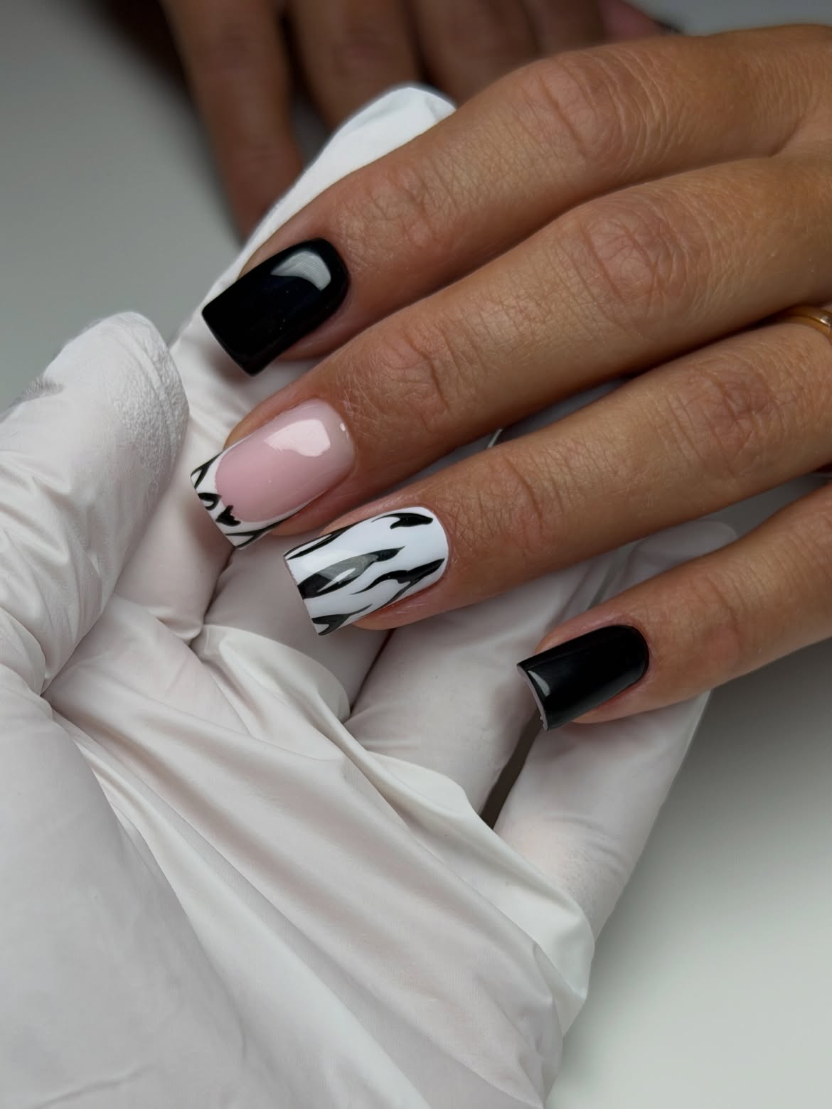 Glossy Black and Zebra Print French Tips