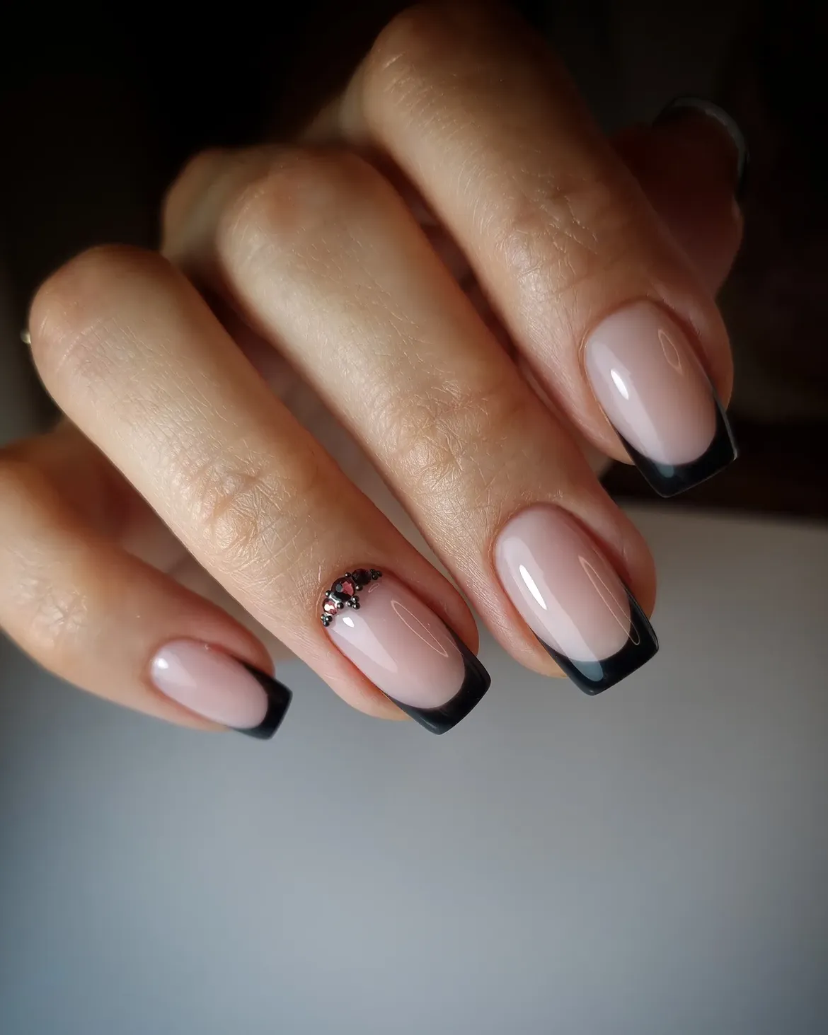 Glossy Black French Tips With Rhinestone Accent