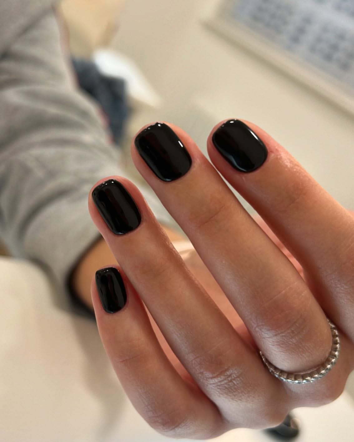 Glossy Black Short Squoval Winter Nails