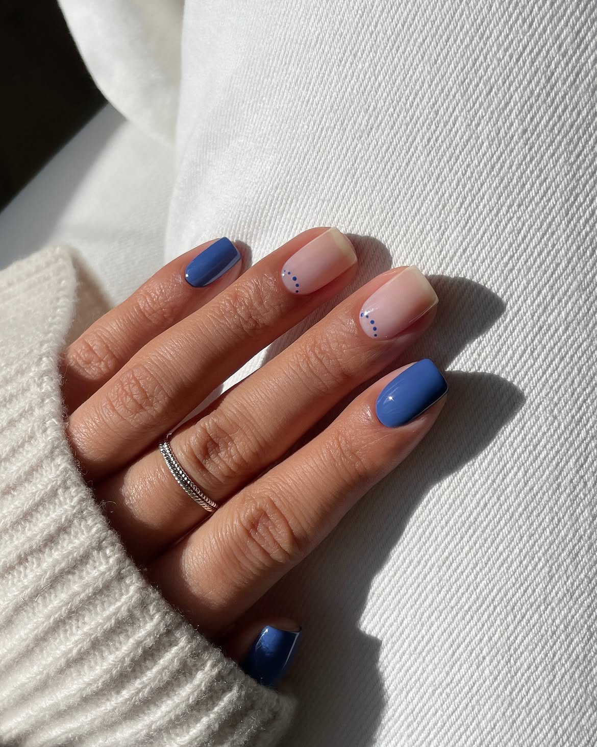 Glossy Blue And Nude Dot Accent Coffin Nails
