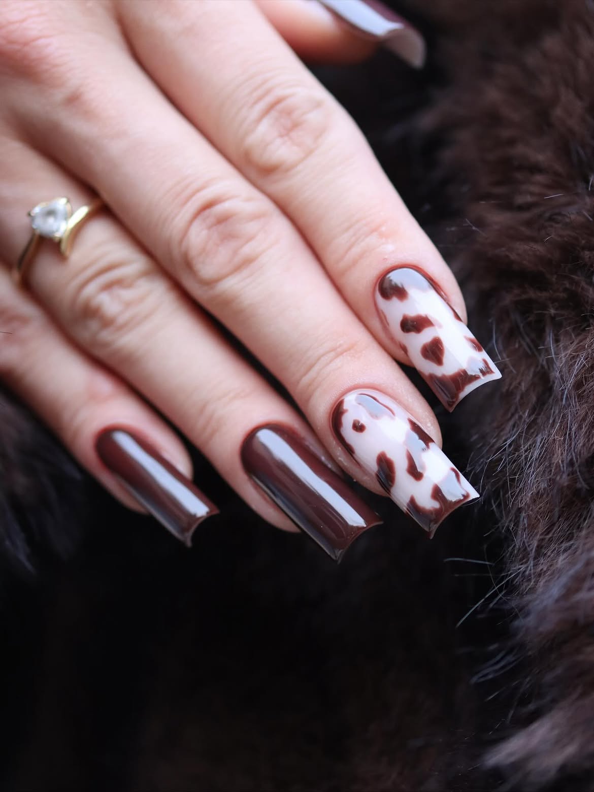 Glossy Brown Cow Print Square Nails