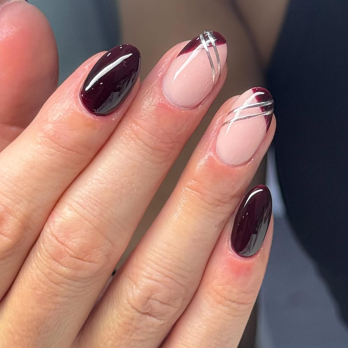 Glossy Burgundy and Silver French Oval Nails