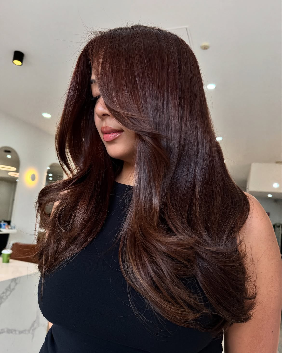 Glossy Chocolate Brown Layers With Curtain Bangs