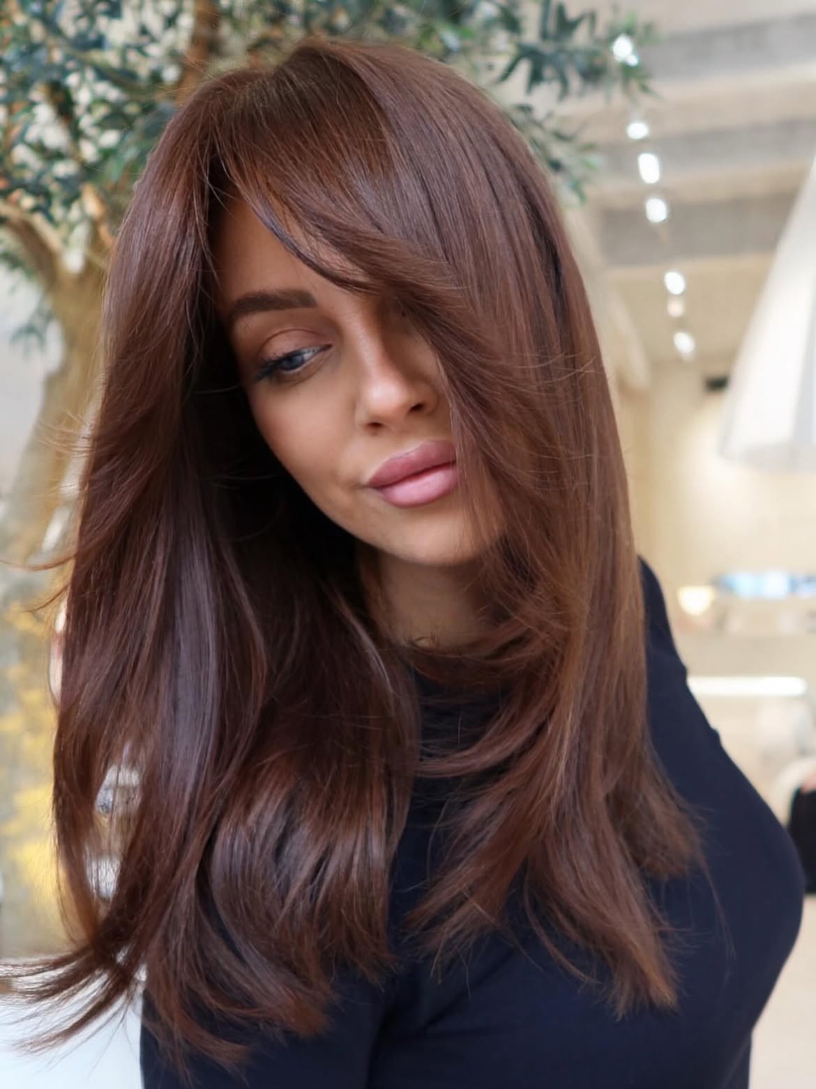 Glossy Chocolate Brown Layers With Voluminous Curtain Bangs