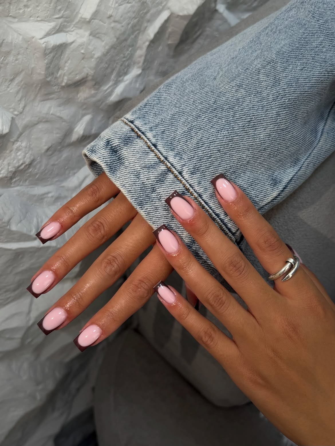 Glossy Dark Brown Double French Coffin Nails