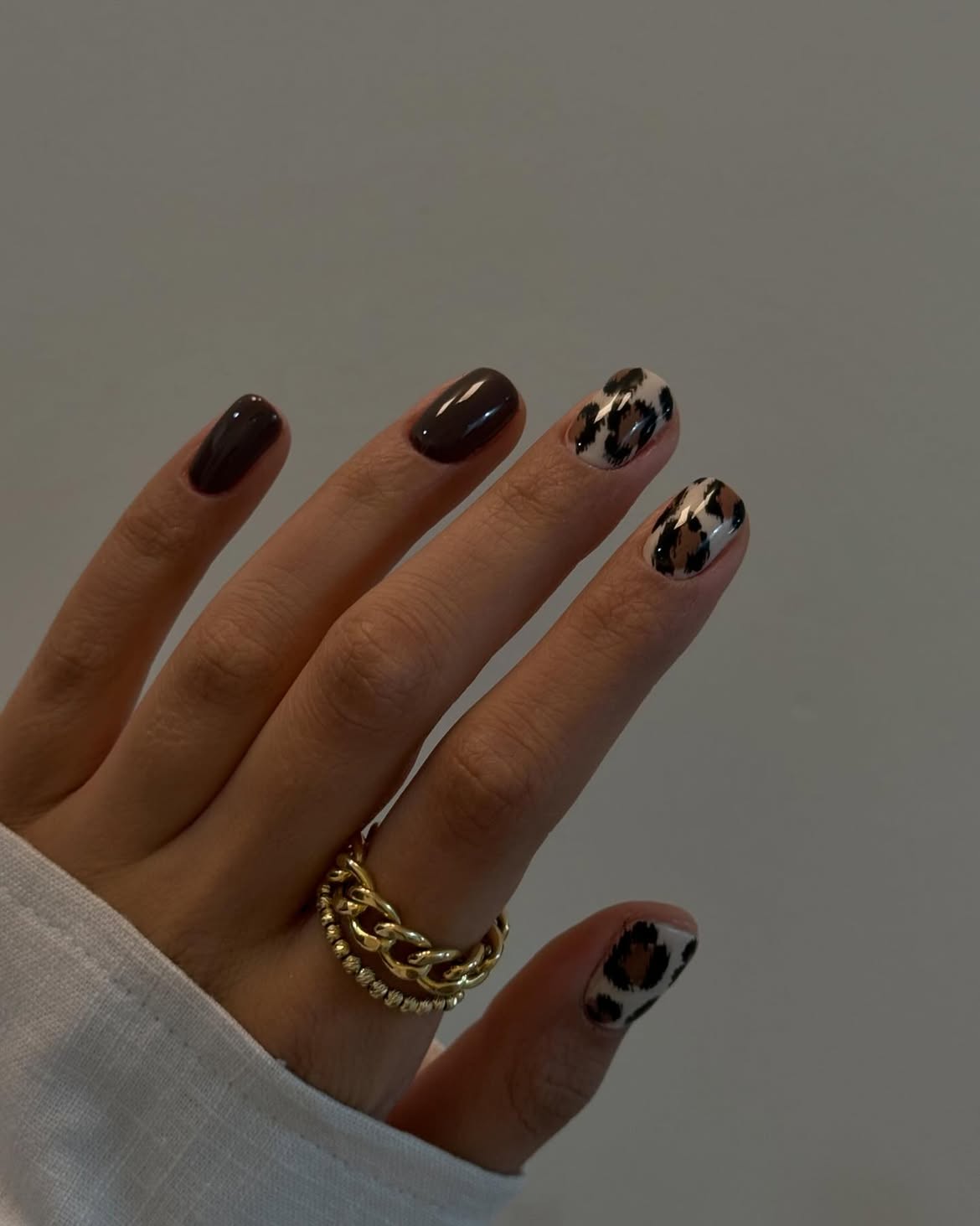 Glossy Deep Brown and Leopard Print Nails