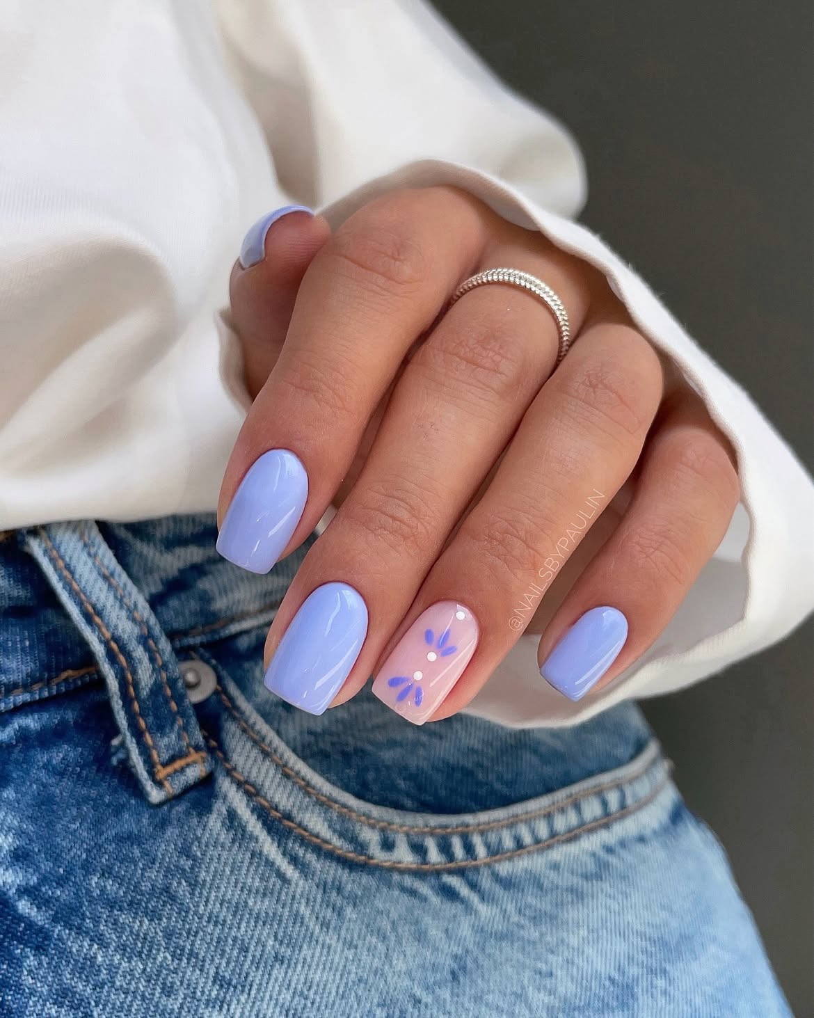 Glossy Lilac Coffin Nails with Accent Floral Art
