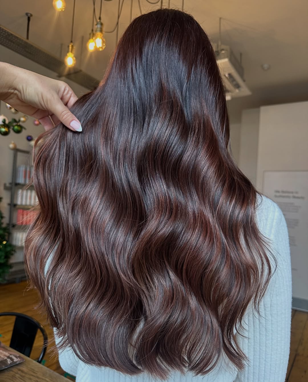 Glossy Long Espresso Waves With Subtle Red Tones