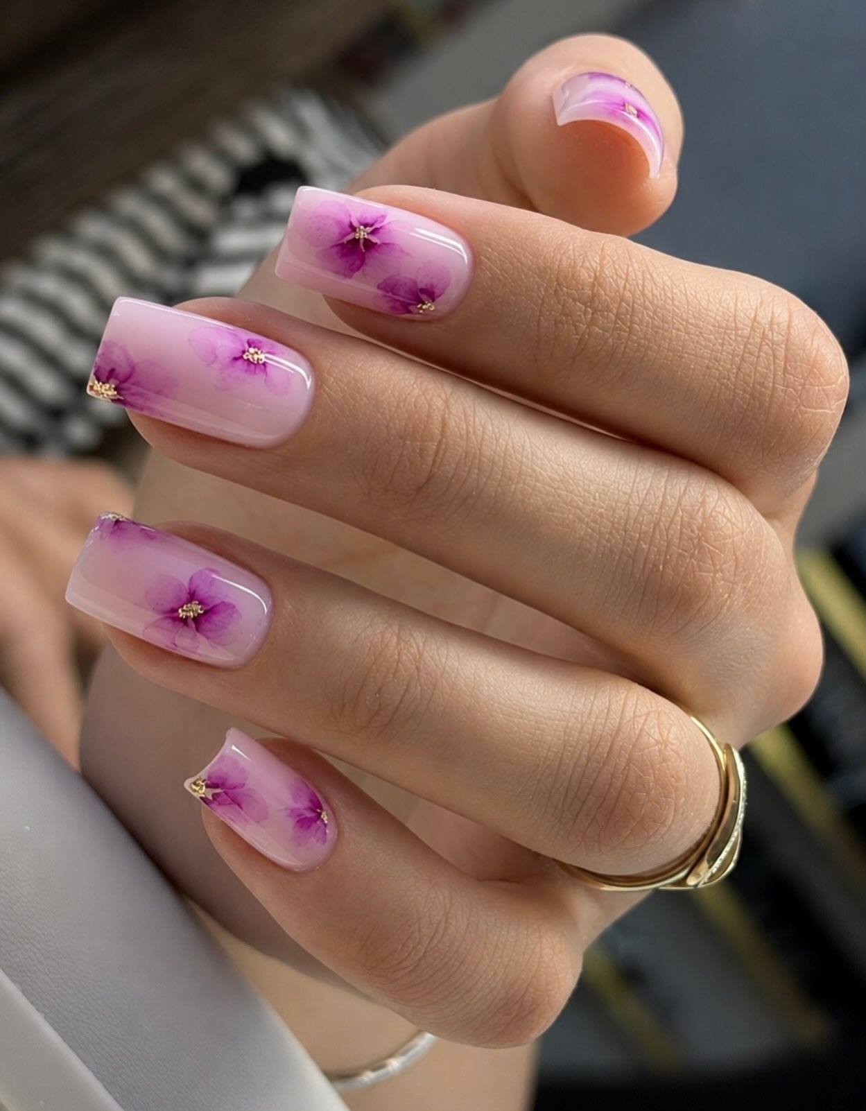 Glossy Milky Pink Coffin Nails With Purple Florals