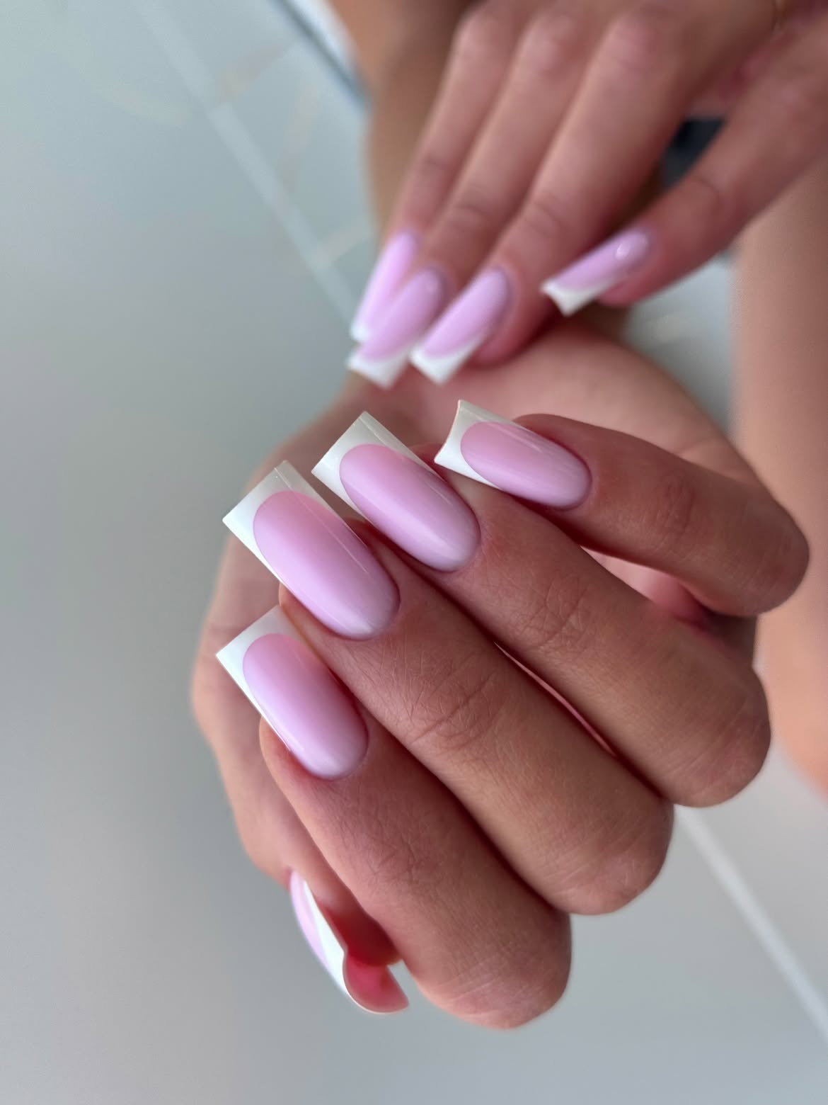 Glossy Pastel Pink French Coffin Nails