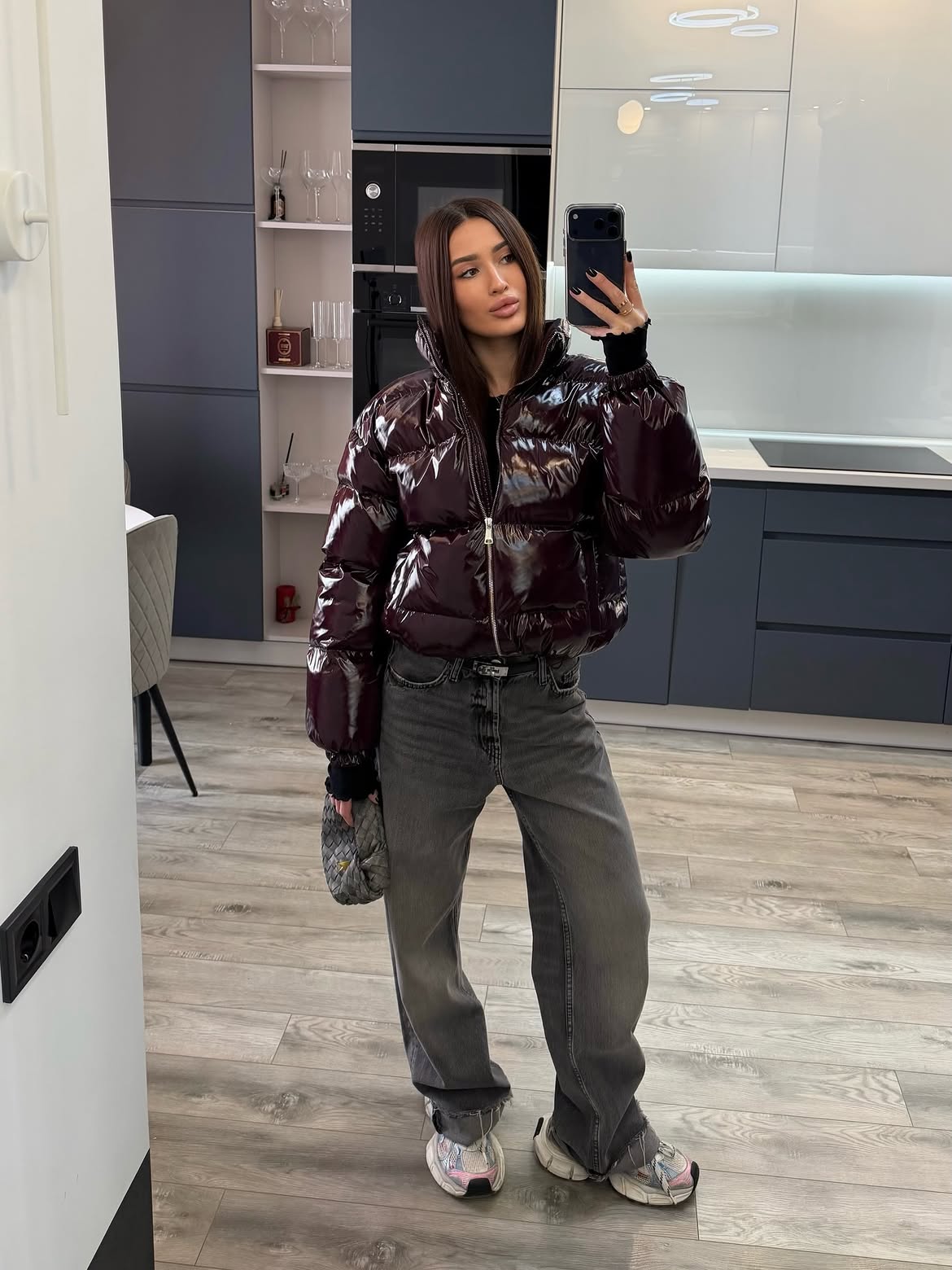Glossy Puffer Jacket With Grey Denim Jeans