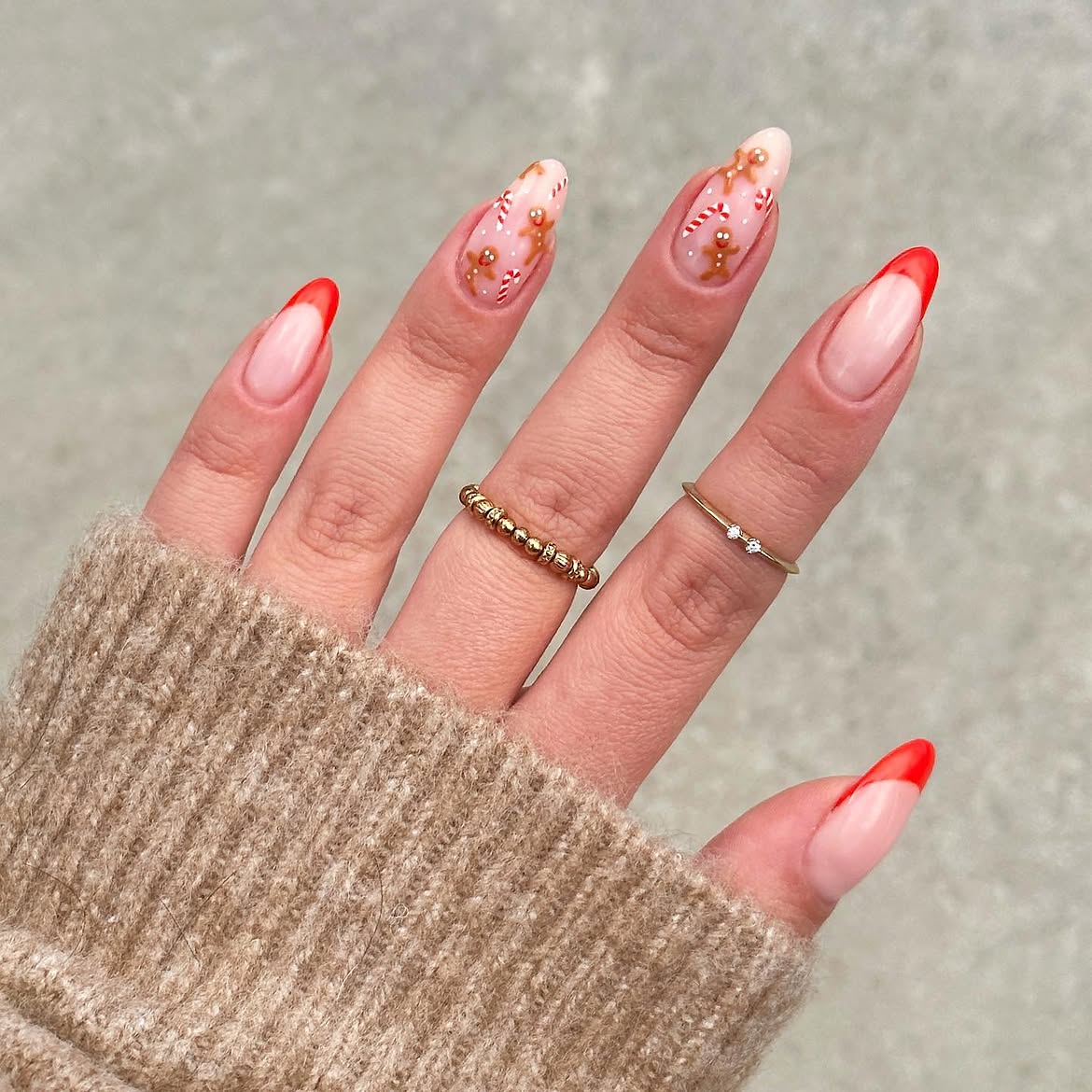 Glossy Red French Tips With Gingerbread Nail Art
